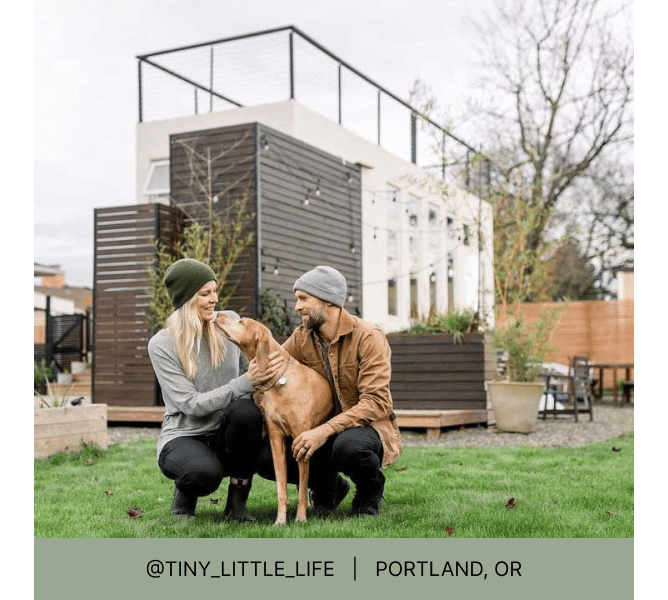 Man and Woman kneeling in a front yard with dog between them and heading that reads @tiny_little_life Portland, OR