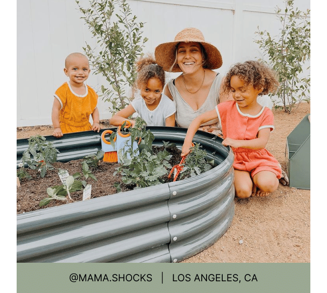 Woman and three young children kneeling around a raised bed garden and heading that reads @mama.shocks Los Angeles, CA