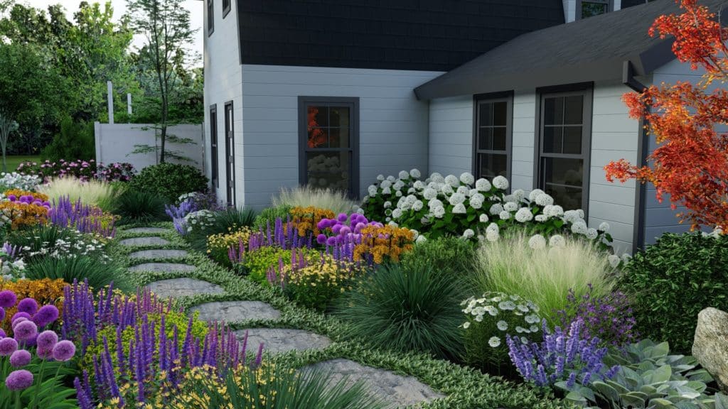 Massachusetts front yard design with lush flower beds including butterfly weed and hydrangea.