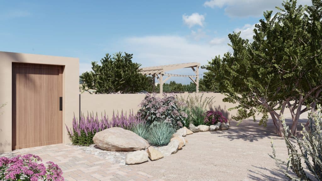 New Mexico side yard landscape design with paver walkway and planting beds with boulders, rock edging, and showy milkweed garden.