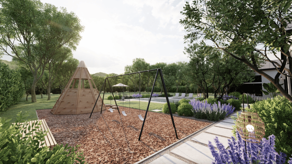 Designated kid play zone in Yardzen backyard landscape design