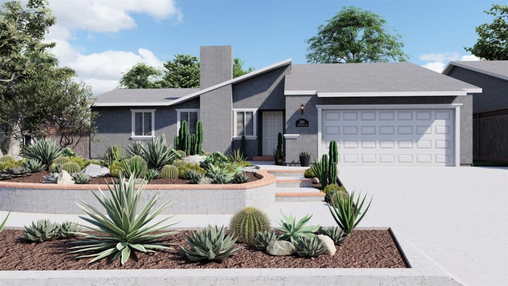 Hellstrip landscape design with planting mirroring drought tolerant front yard with succulent plants and cacti.