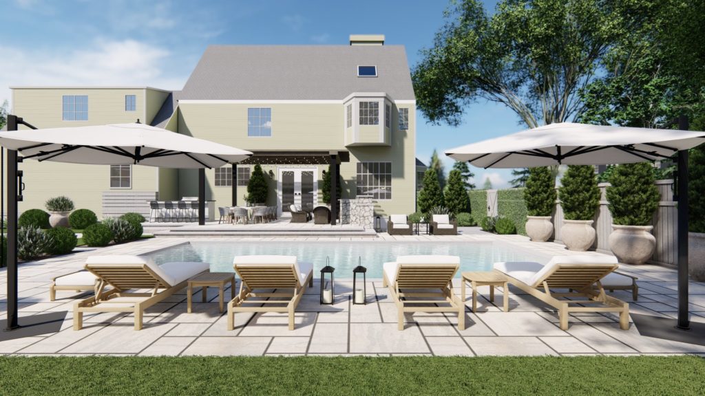 Two Crate and Barrel umbrellas provide ample shade for poolside lounging in this Stamford, CT landscape design