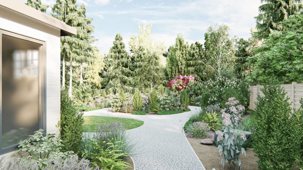 Pacific Northwest backyard landscape design with showy milkweed and gravel path.