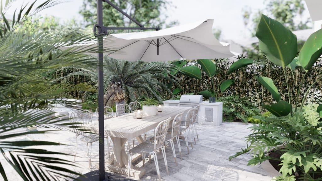 10' diamater Crate and Barrel umbrella offers much needed shade in Naples, FL backyard landscape design