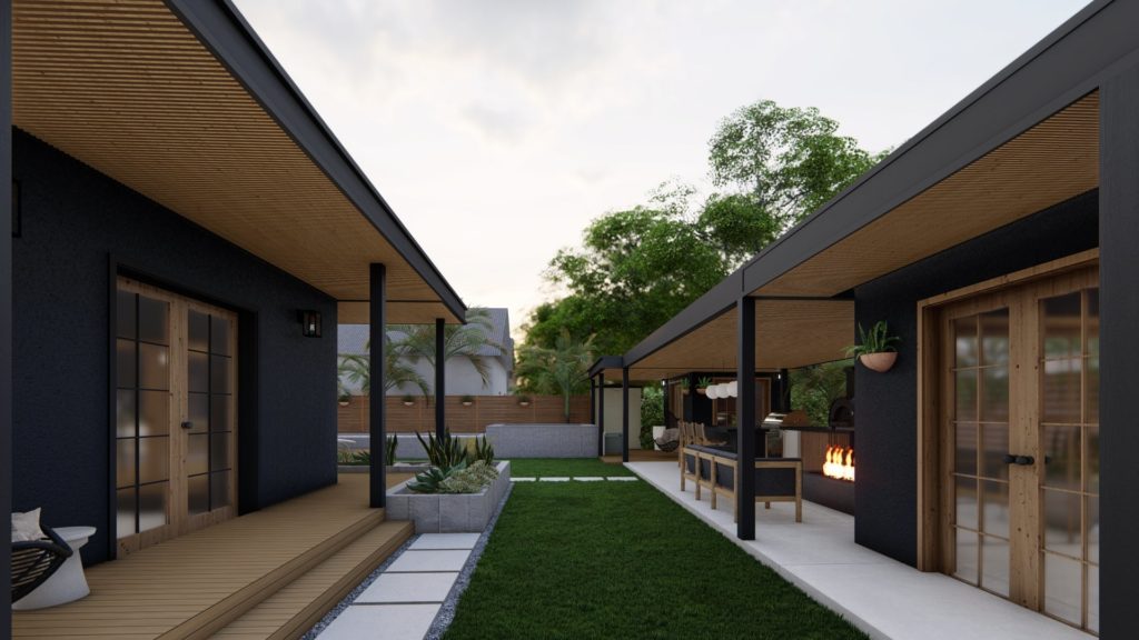Courtyard design with fire-resistant plants in containers