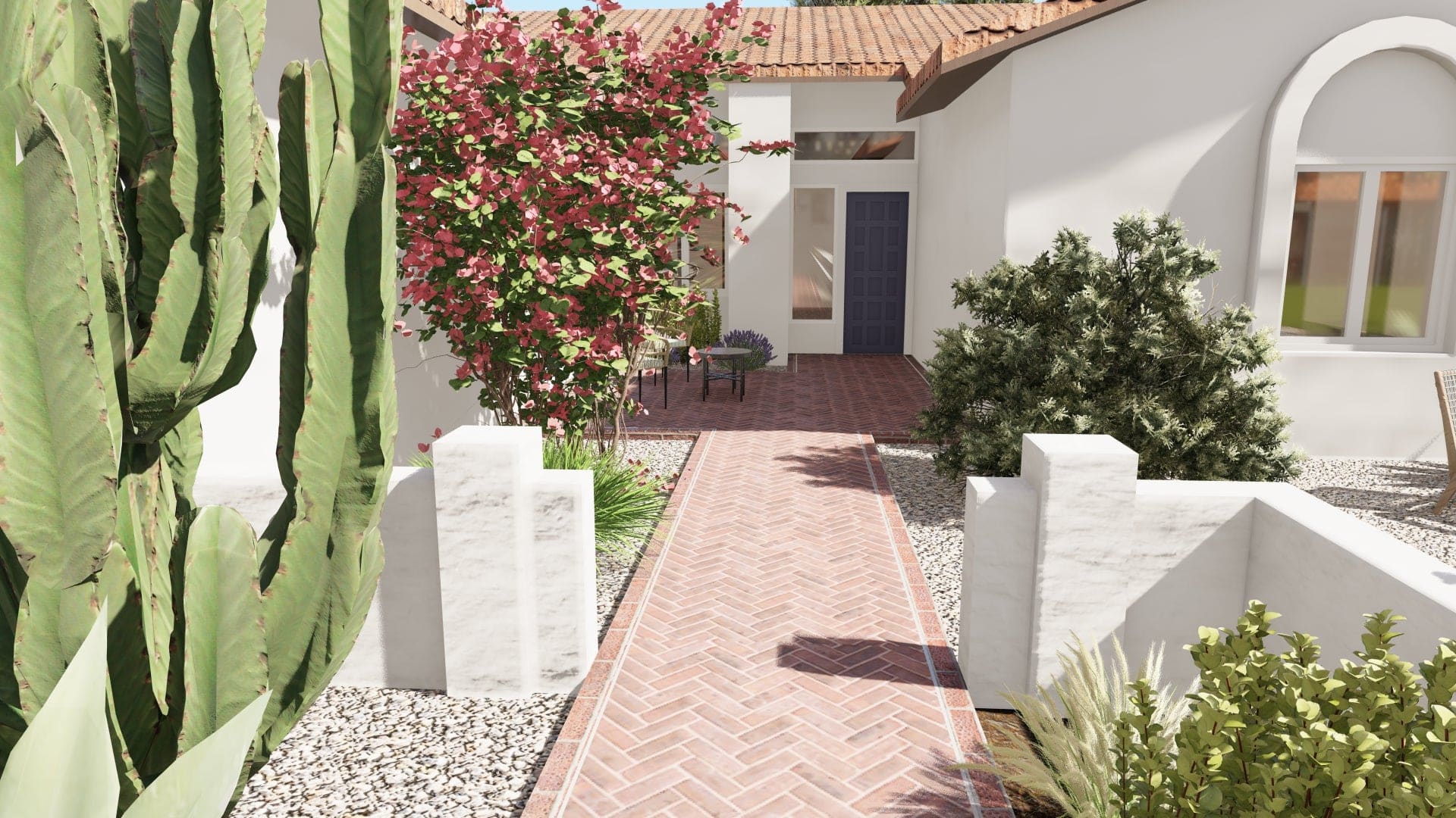3D design render of home entry with brick walkway and blue front door