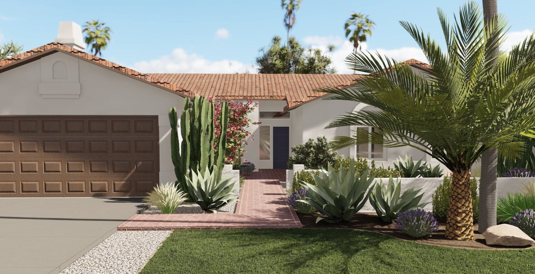 Yardzen 3D render of front yard design with large succulent garden and walled patio