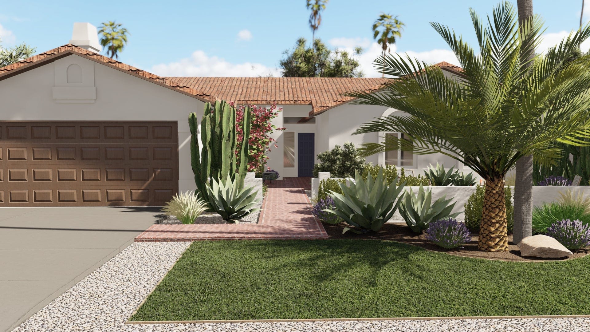 3D render of front yard design with large succulent garden and walled patio