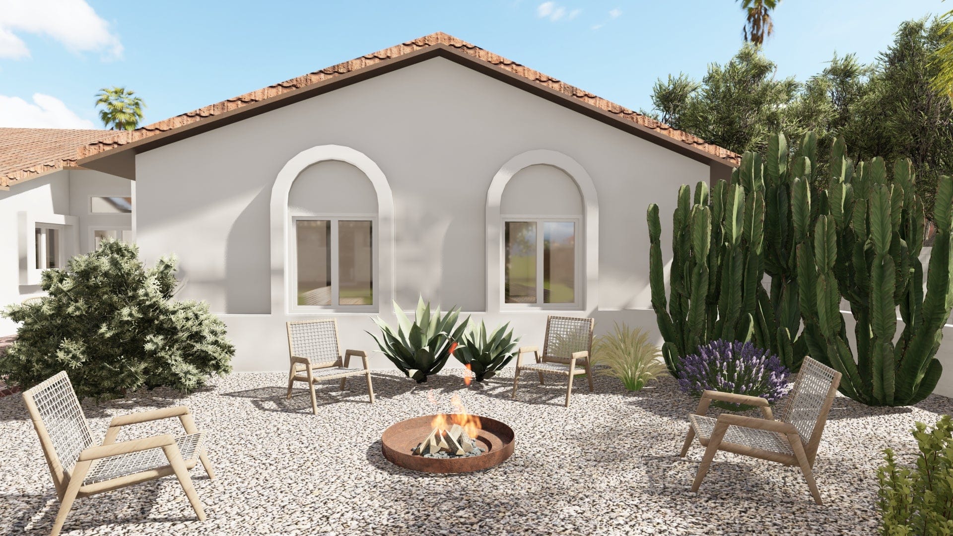 3D design render of gravel patio and fire pit seating area