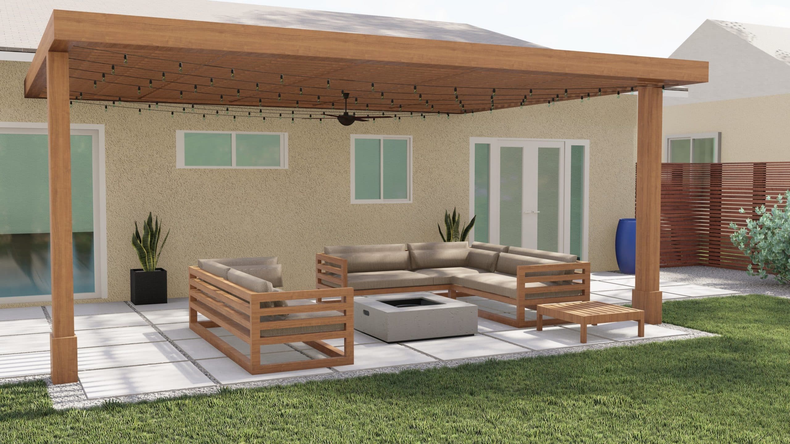 3D design render of pergola covered fire pit seating area off back of home