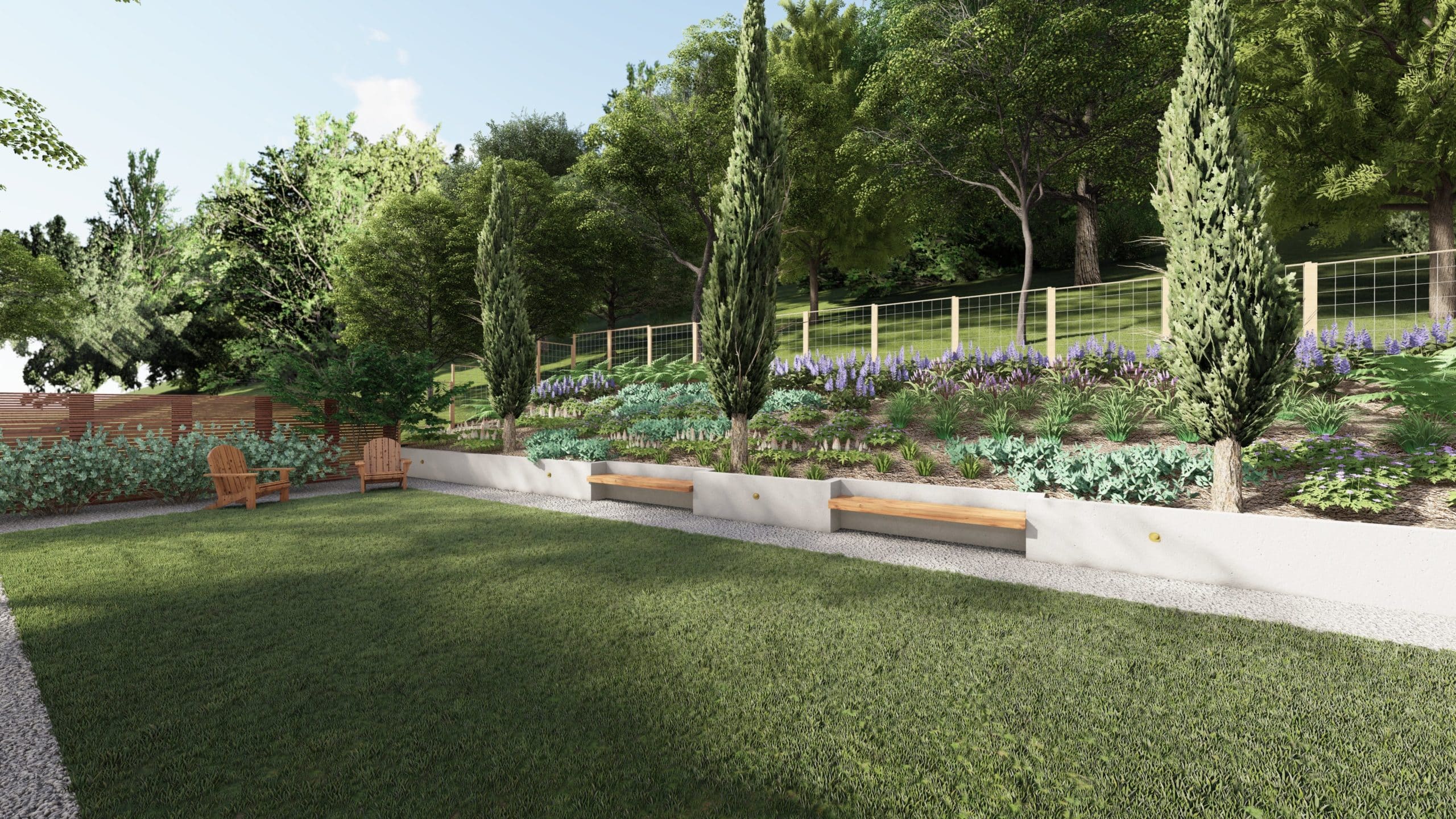 3D render of backyard design with retaining wall and benches and planting all over slope