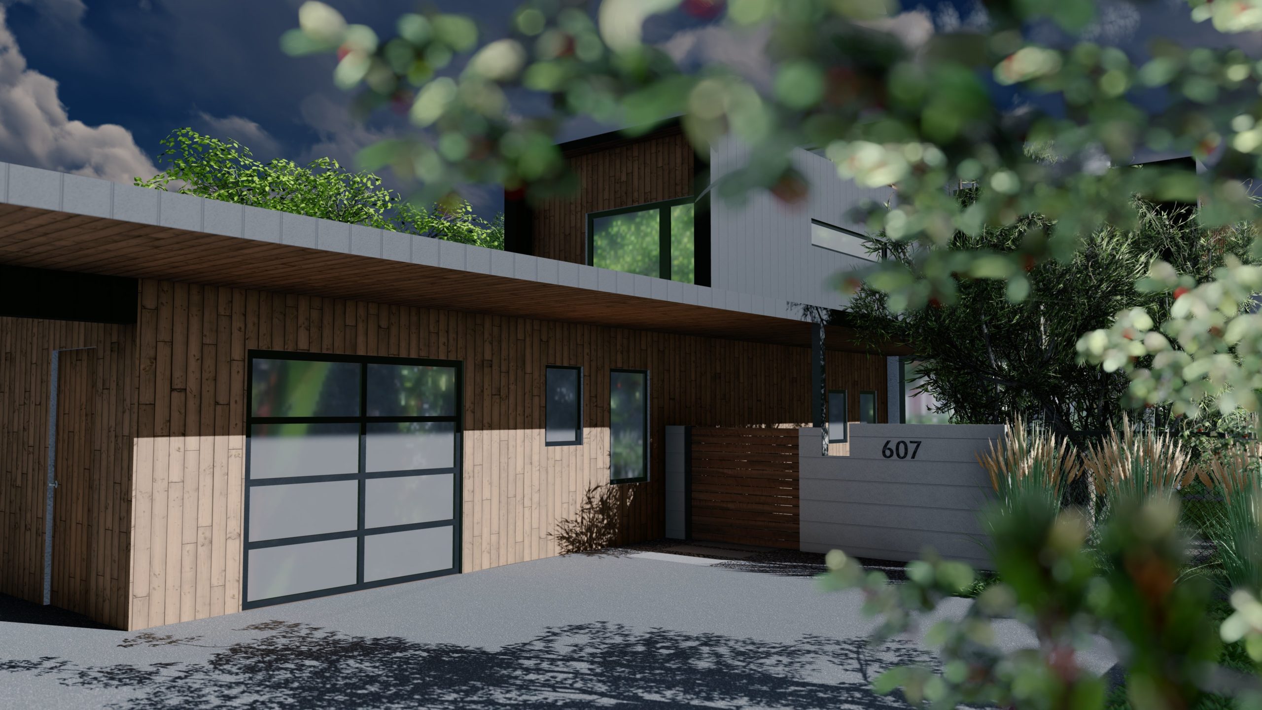 3D design render of front of modern home with wood siding