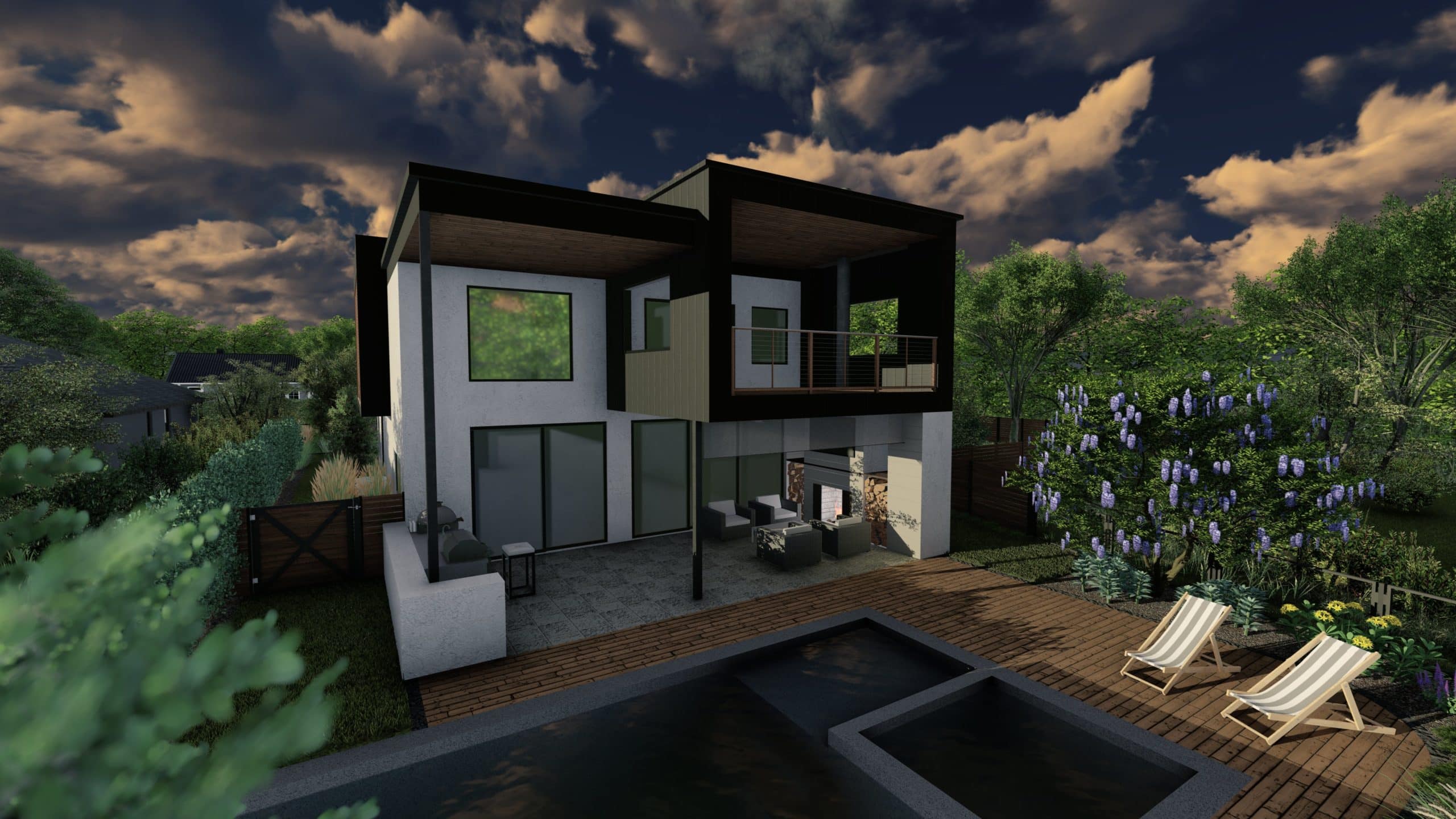 3D design render of backyard for modern home with pool and lounge area