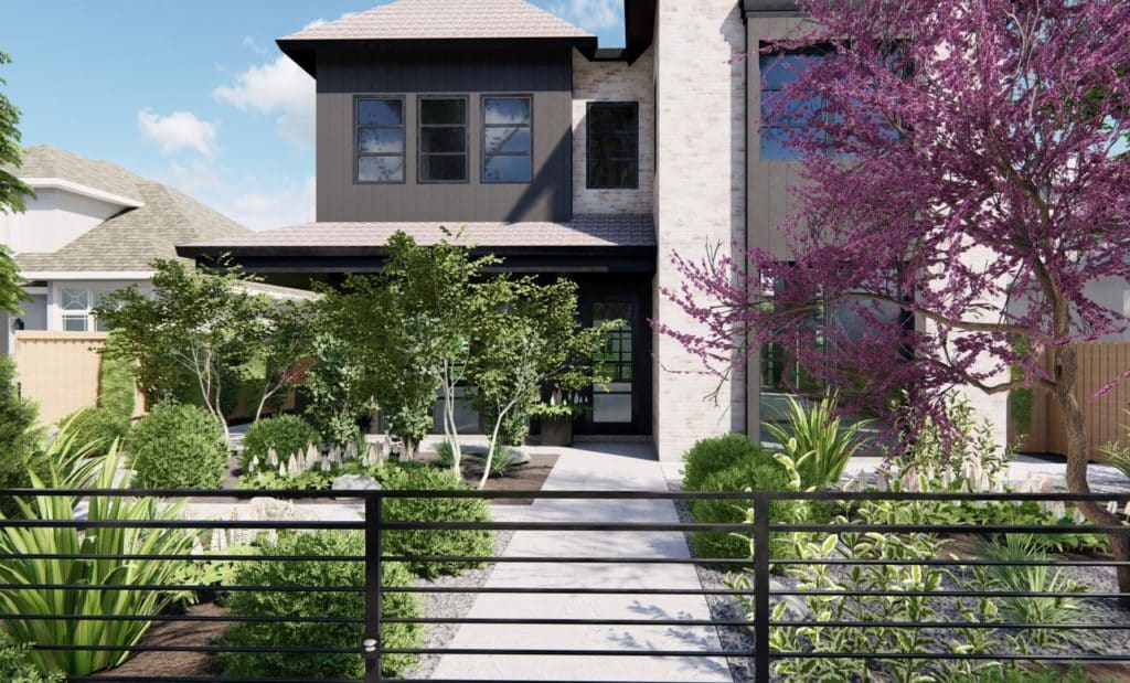 A front yard design with a buffer between the home exterior and plantings