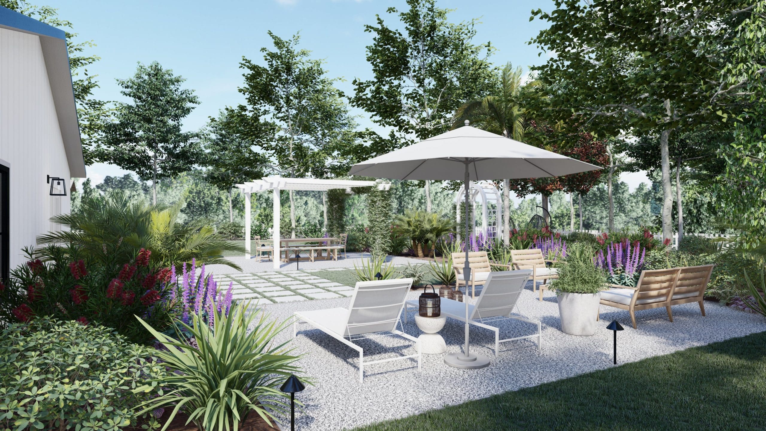 3D render of backyard design with lounge chairs, outdoor umbrella, and dining area in background