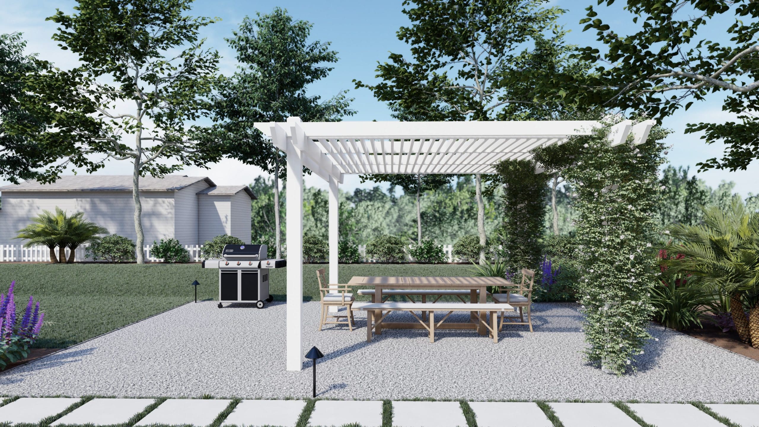 3D render of backyard design with gravel patio, dining set, and pergola