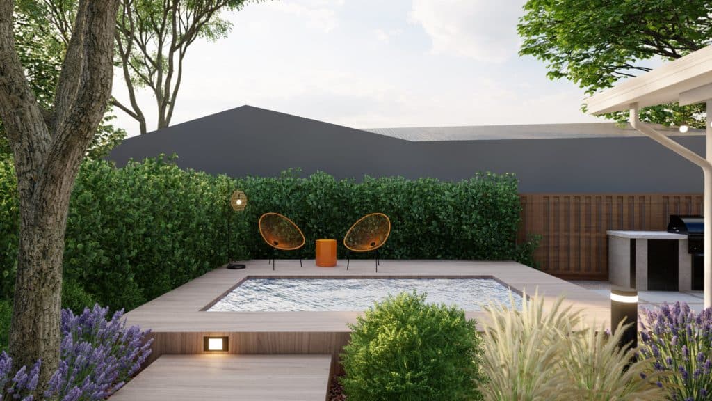 Yardzen render of raised heated plunge pool with timbertech pool deck, seating area, and tree and plantings in foreground