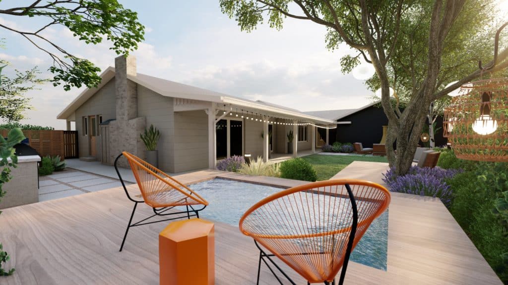 Yardzen render of heated plunge pool with deck and seating area