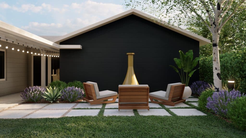 Yardzen render of retro outdoor fireplace with seating area on concrete paver patio and lush plantings around