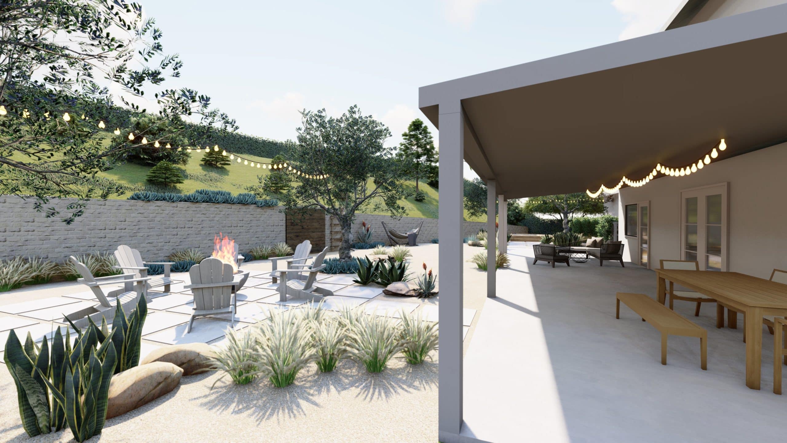 3D design render of yard with covered outdoor dining area, fire pit seating area, and retaining wall