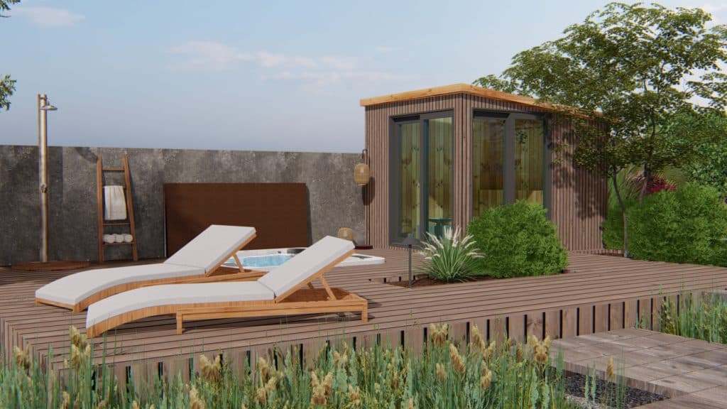 Shed-style meditation or exercise room near hot tub and outdoor lounge area in Oregon backyard landscape design