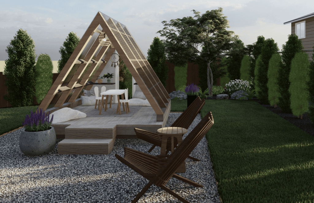 A-Frame style "shed" used as a playhouse in Yardzen backyard landscape design