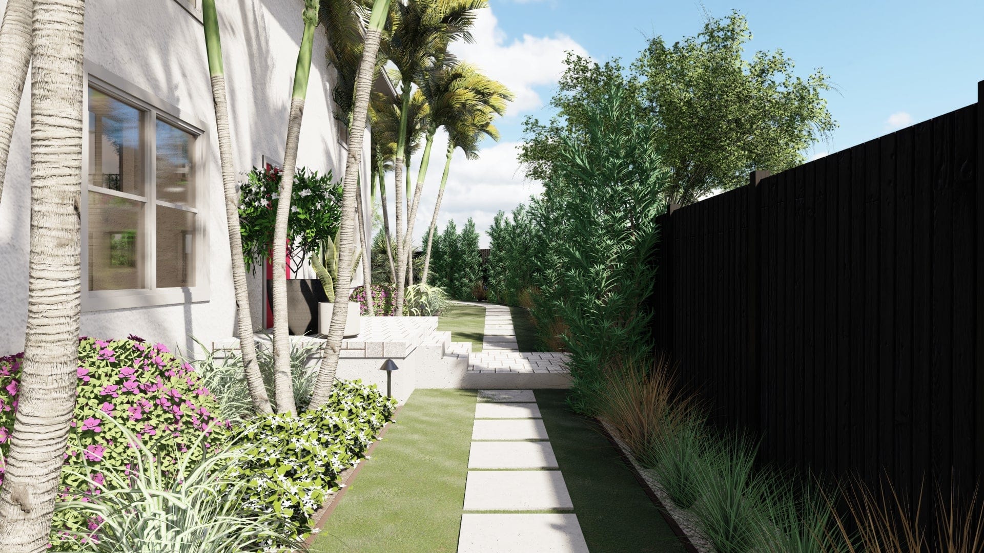 3D design render of side yard with stepper path and tropical planting beds