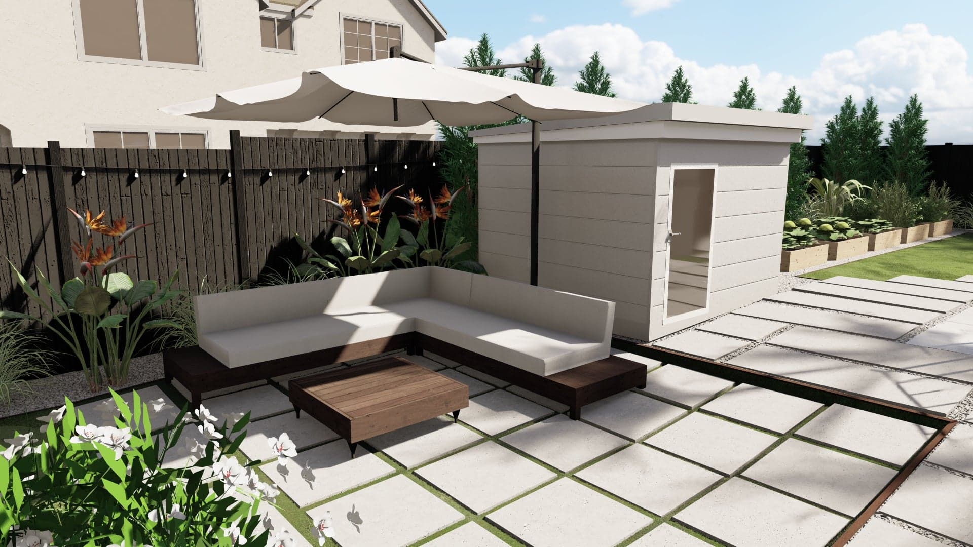 3D design render of backyard with concrete paver patio and lounge furniture
