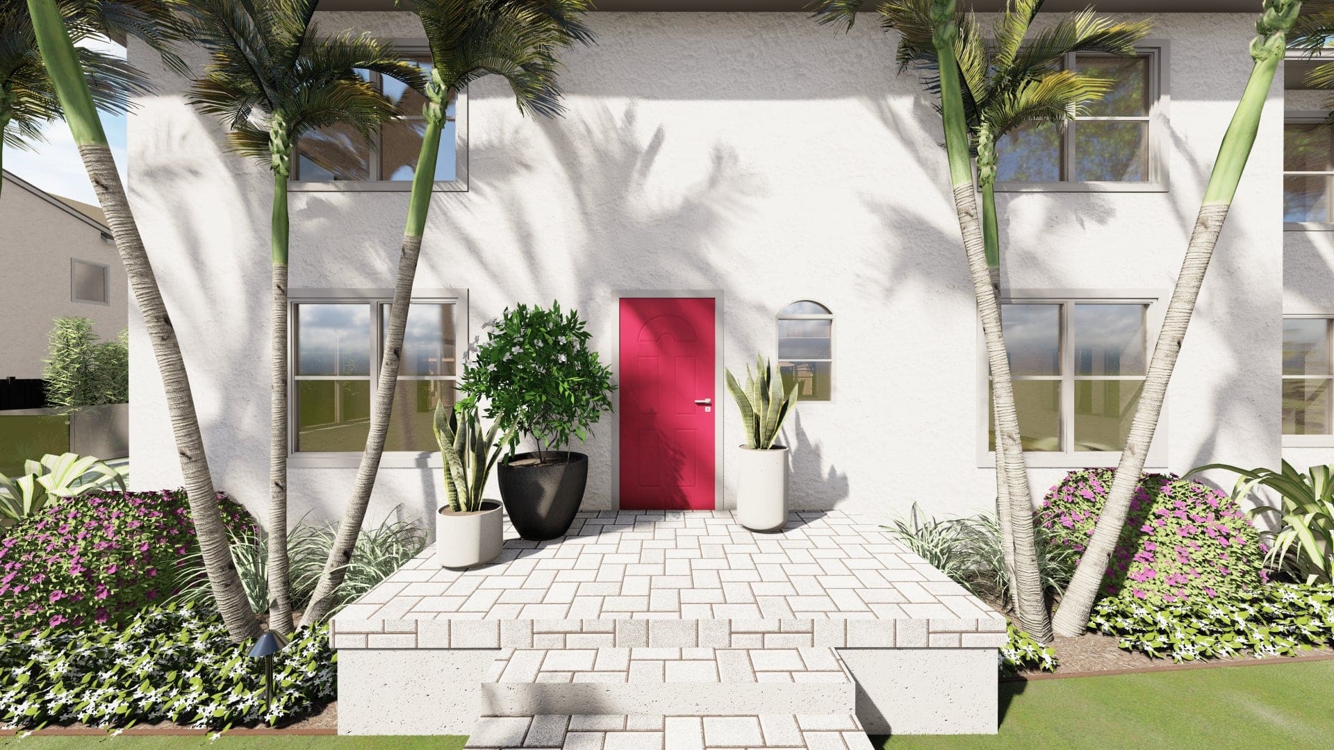 3D design render of front of home with red front door and tropical plantings