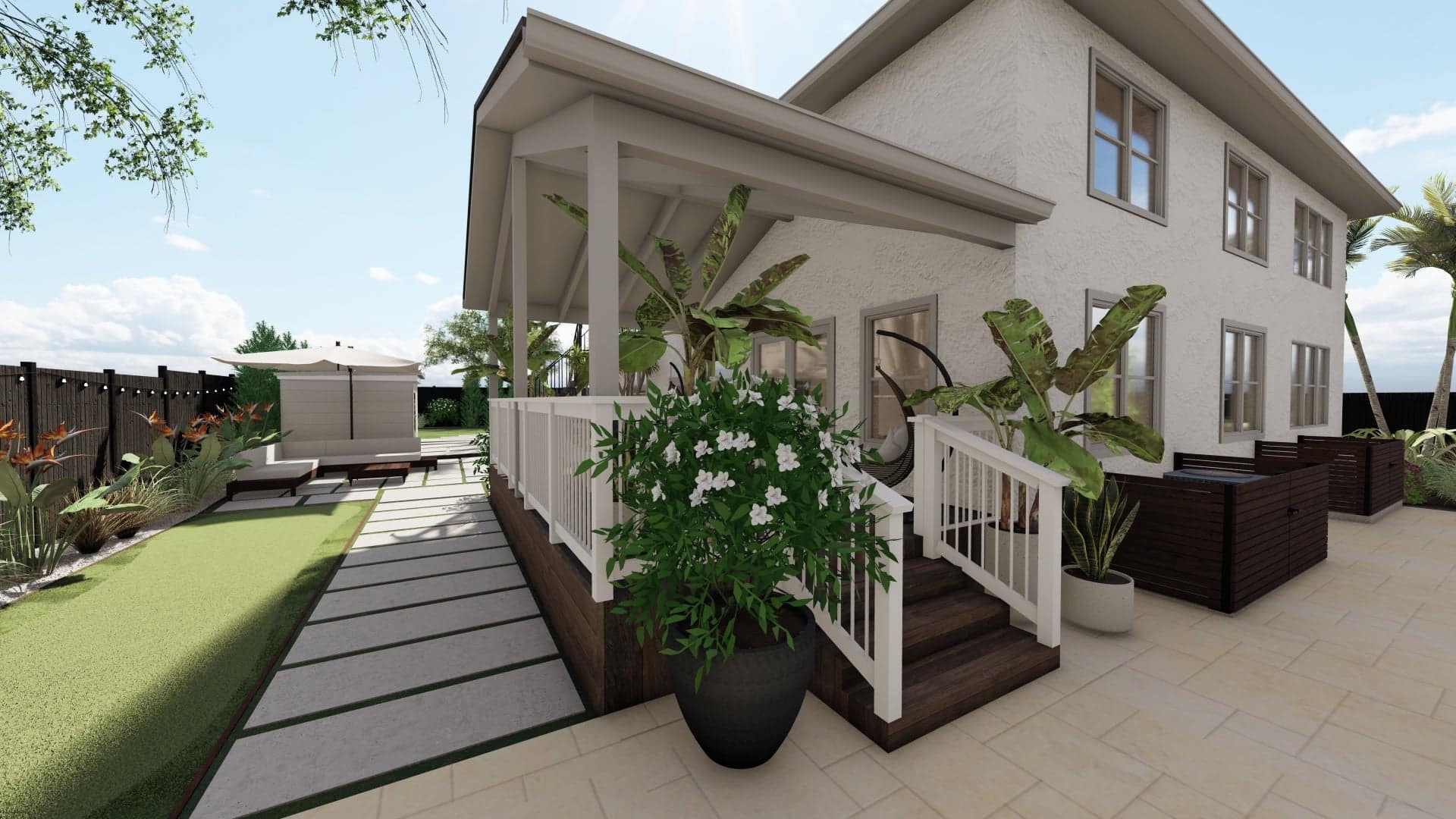 3D design render of side yard with concrete stepper path and tropical plants