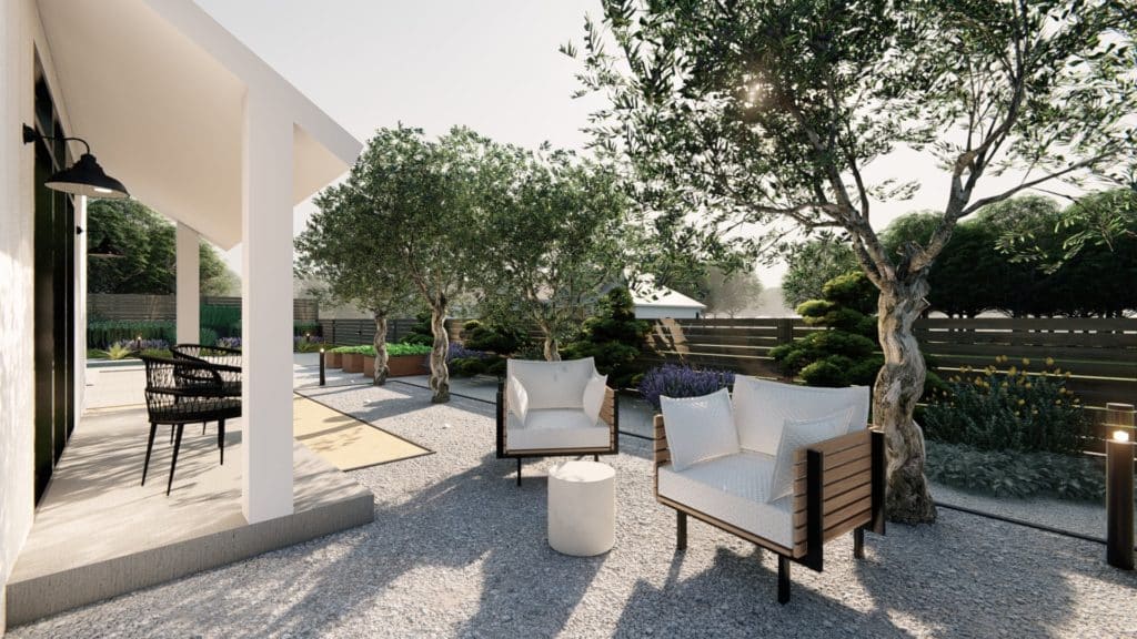 Yardzen render of backyard as viewed from the side showing the concrete back patio with seating, additional seating on gravel area, row of olive trees, and raised beds in background