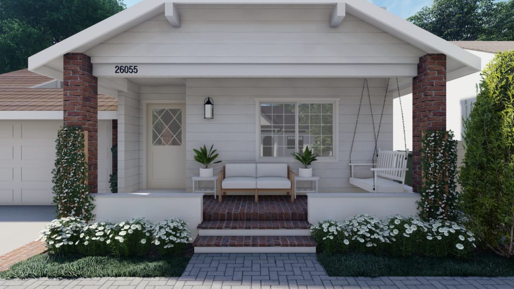 Monochromatic front yard landscape design for Santa Clarita, CA Yardzen client with covered front porch with porch swing and sofa