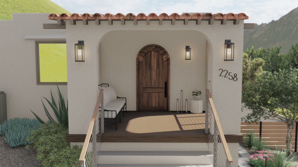 Spanish style home with small front porch with black metal sofa in Yardzen landscape design