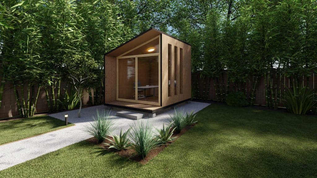 Modern backyard "shed" for creative or work use in Yardzen landscape design