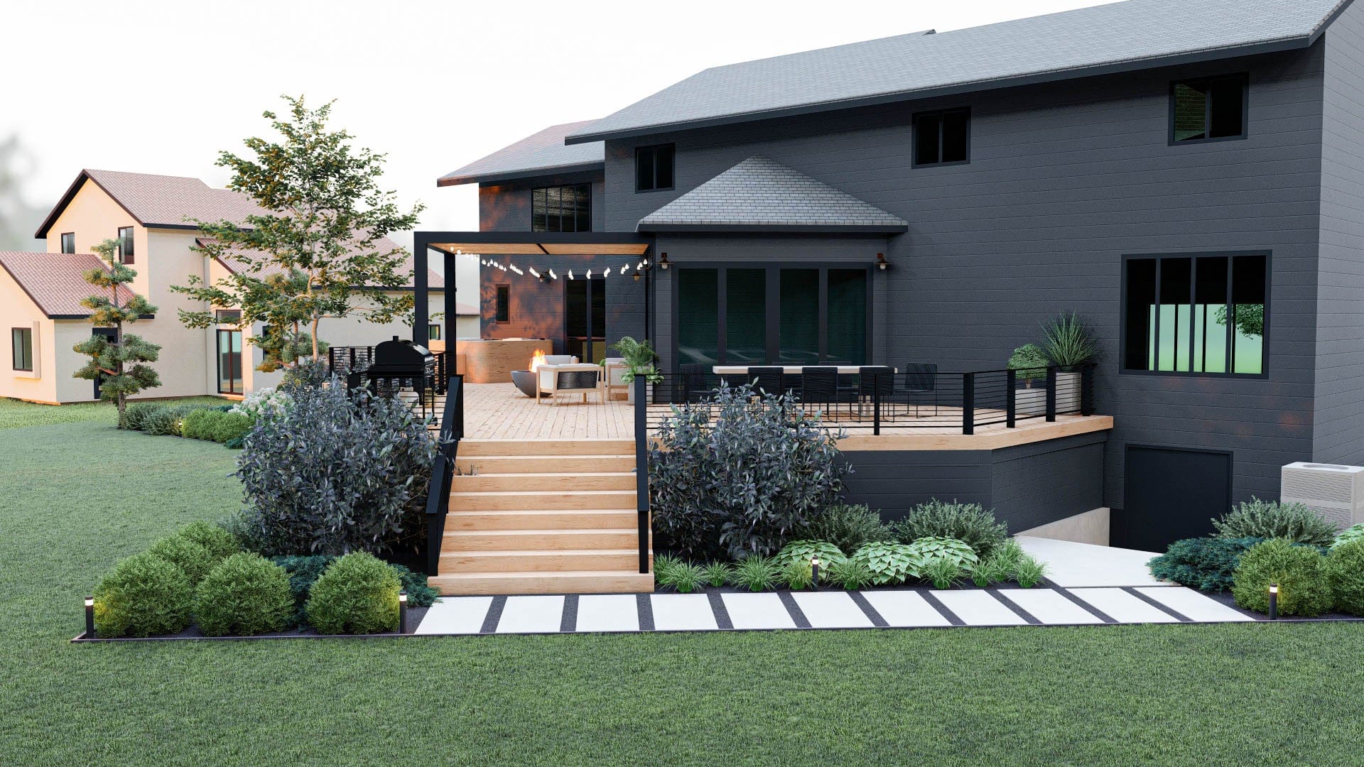 3D design render of yard with modern deck, pergola-covered fire pit seating area, and paver path and planting beds surrounding