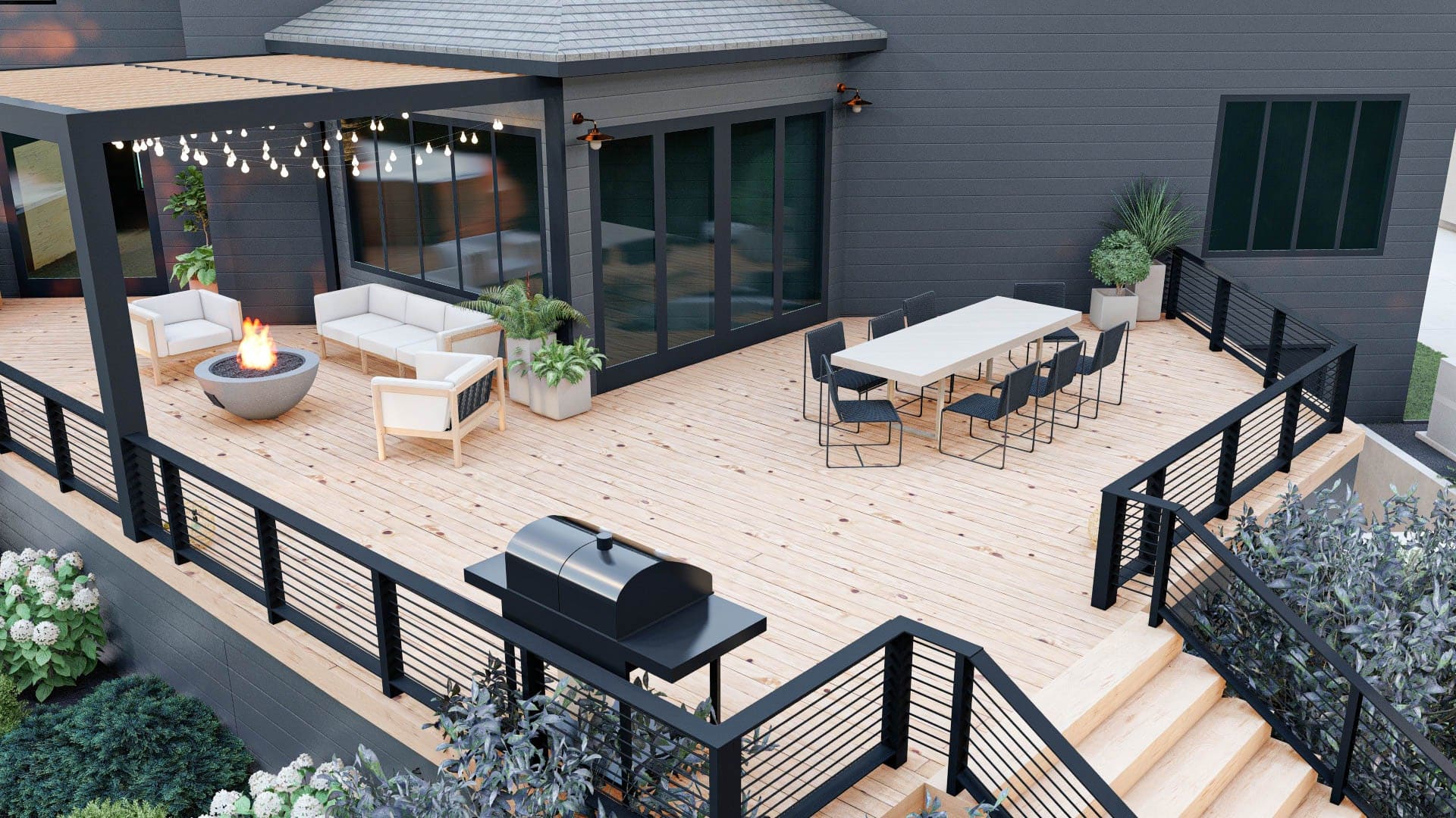 3D design render of entire deck with modern black railing, dining set, and fire pit lounge area