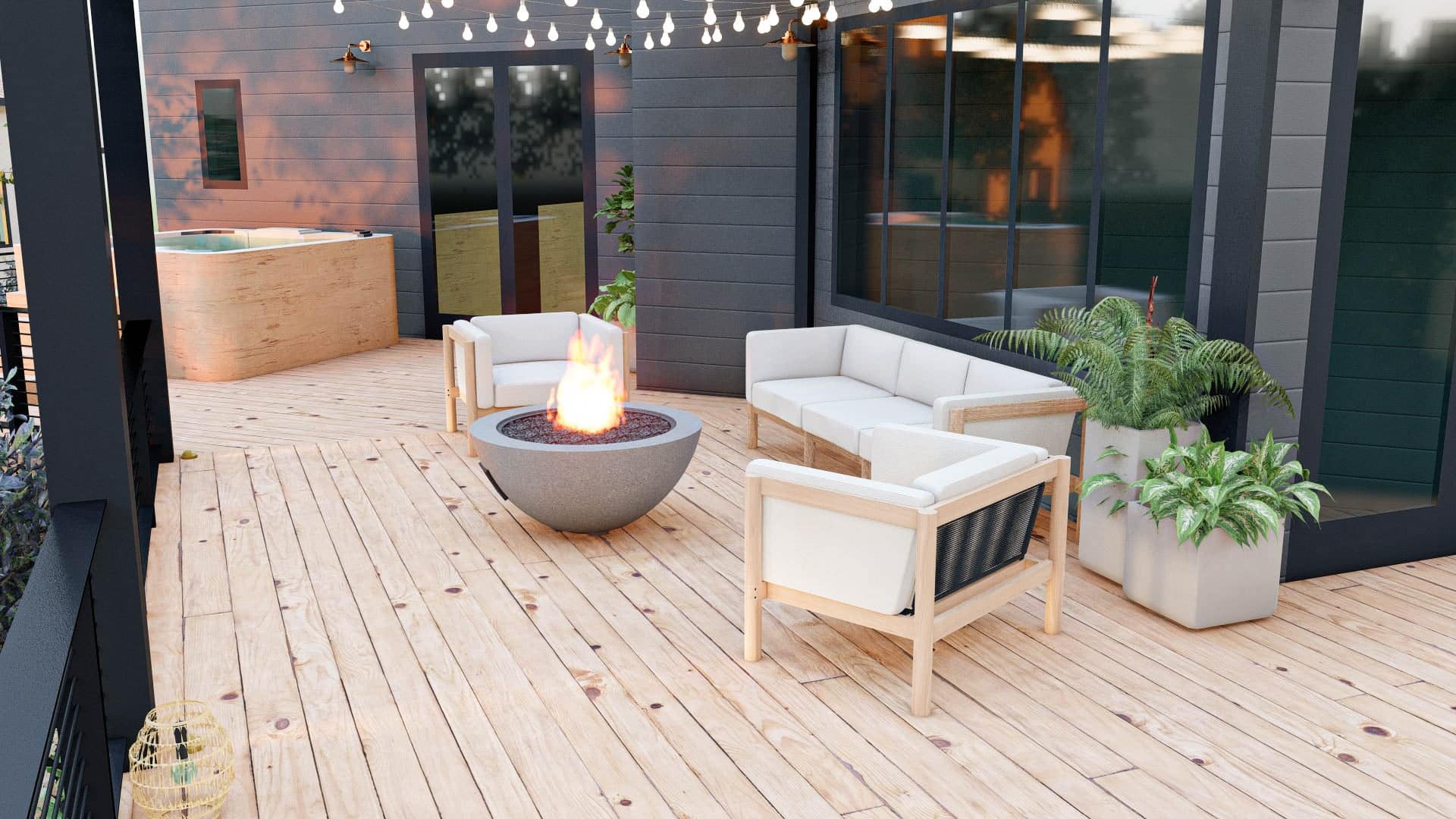 3D render of deck design with lounge seating and fire pit