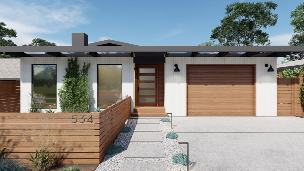 Modern home with medium-hued wooden door, garage door, front steps and horizontal board fence
