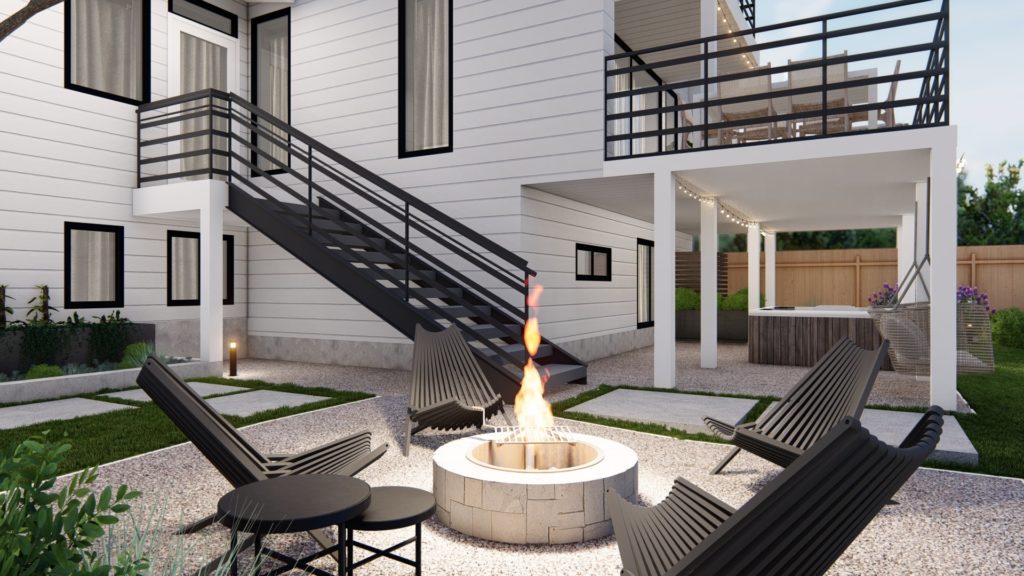 gravel fire pit seating area with modern back folding chairs and concrete fire ring