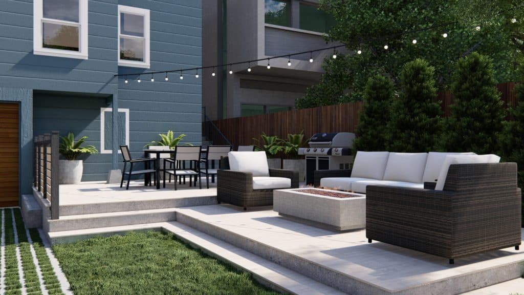 Cozy rowhouse backyard with concrete deck and dining area, grill, and fire pit seating area with modern wicker outdoor lounge furniture