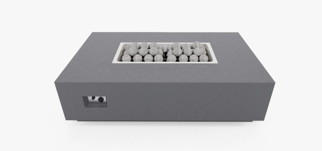 rectangular grey fire table with grey ceramic balls decoratively placed in flame area