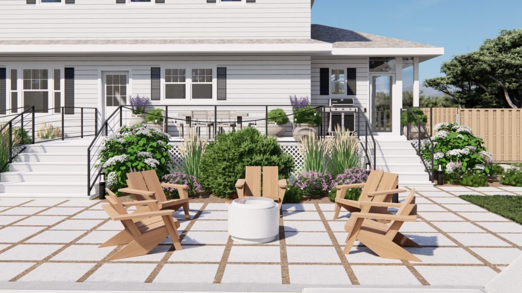 large back porch and paver patio with solo stove surrounded by modern adirondack chairs