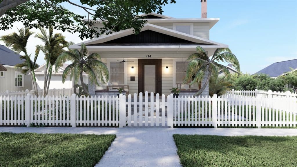 Bungalow style home with covered front porch with lounge seating and porch fan, palm trees in the front yard, and white picket fence