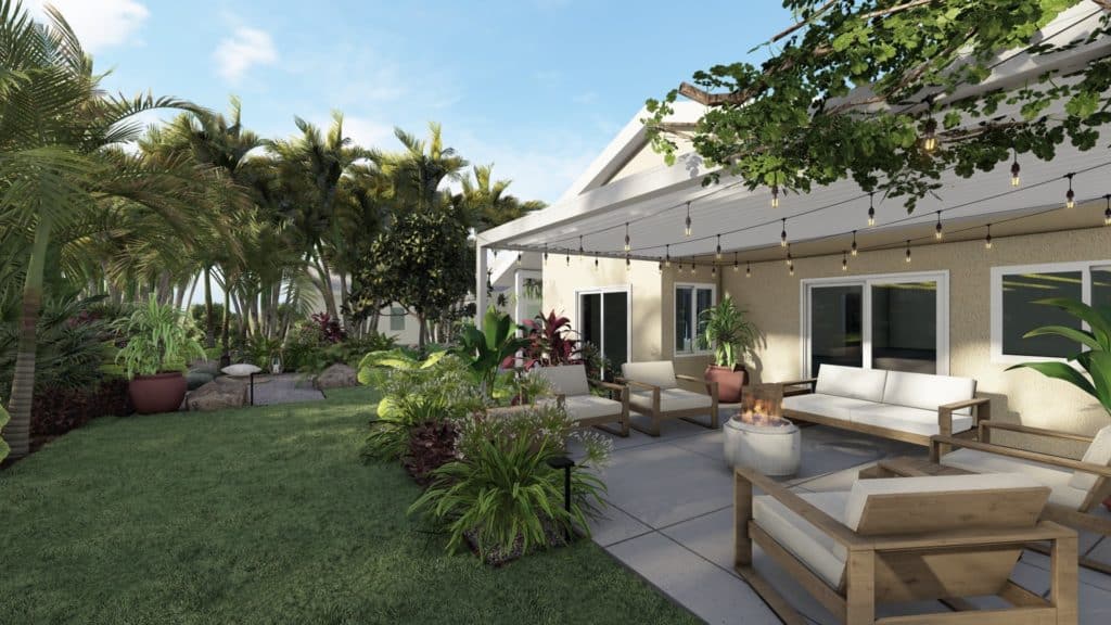 tropical plantings in a backyard with lawn area and back patio with solo stove, lounge furniture and overhead attached pergola and string lights