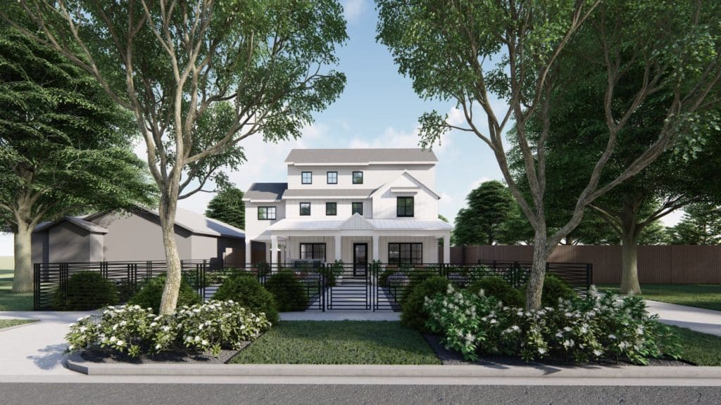 3-story white home with traditional style front yard landscaping and black metal fence