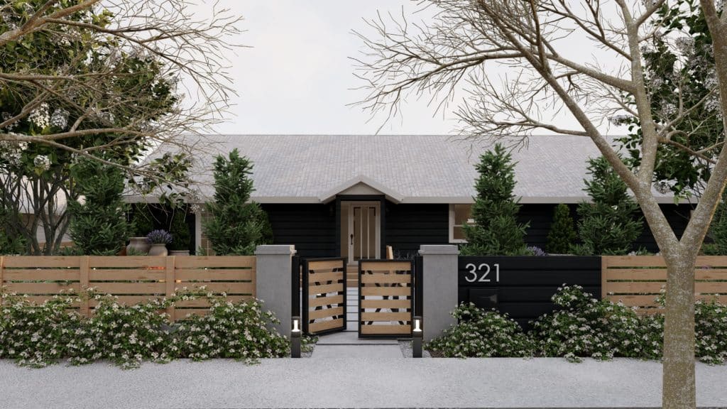 Ranch-style home made modern with black exterior paing, horizontal plank fence surrounding yard with modern house numbers, and sprawling plantings along fence with white flowers