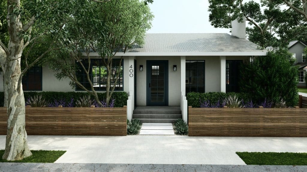 Craftsman style home with rustic horizontal board wood fence containing front yard