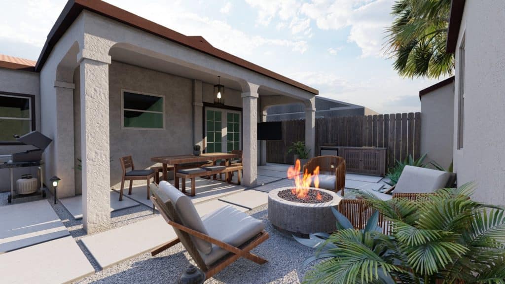Yountville fire pit on gravel seating area with natural-looking lounge chairs and dining set on a patio in the background