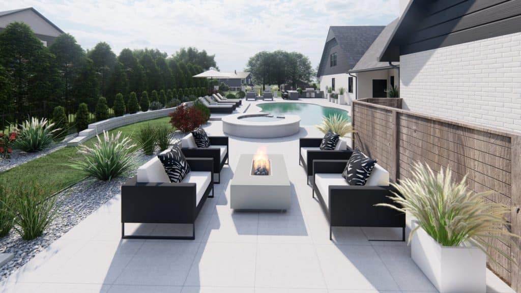 grey fire pit table on concrete backyard patio surrounded by four modern black and white outdoor lounge chairs